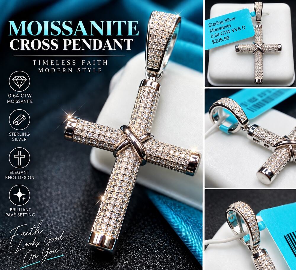 NWT 0.64 CTW Moissanite Cross Pendant VVS D 925 Sterling Silver Iced Out